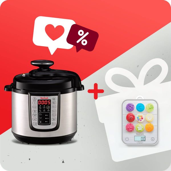 Pachet PROMO Oală sub presiune electrică Tefal One Pot CY505EE0 & Cantar de bucatarie Tefal Optiss BC50D4V0
