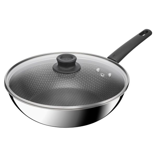 Pachet PROMO Tefal Emotion+, 5 piese, 2 cratite cu capac 16/18 cm, tigai 24/28 cm, tigaie Wok 28 cm, inox, inductie, argintiu