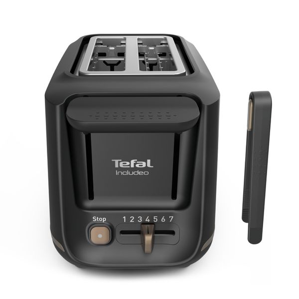 Prăjitor de p&acirc;ine Tefal Includeo TT533811, 850W, capacitate 2 felii, 7 trepte de rumenire, buton oprire, clește inclus, m&acirc;ner ridicare, negru & auriu