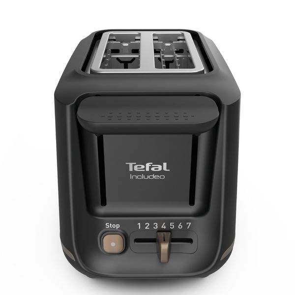 Prăjitor de p&acirc;ine Tefal Includeo TT533811, 850W, capacitate 2 felii, 7 trepte de rumenire, buton oprire, clește inclus, m&acirc;ner ridicare, negru & auriu