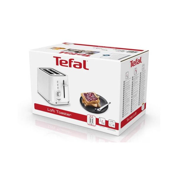 Prăjitor de p&acirc;ine Tefal Loft TT761138, 850W, 7 niveluri de rumenire, 3 funcții dedicate, iluminare LED, tavă firmituri, alb