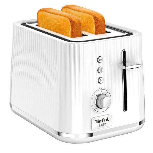 Prăjitor de p&acirc;ine Tefal Loft TT761138, 850W, 7 niveluri de rumenire, 3 funcții dedicate, iluminare LED, tavă firmituri, alb