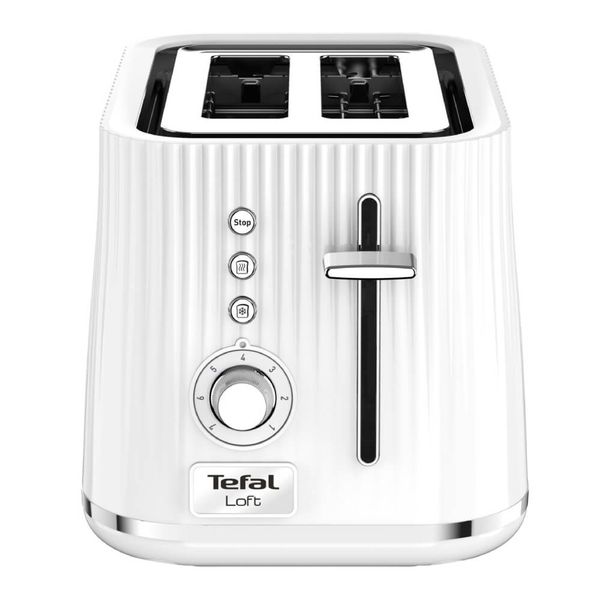 Prăjitor de p&acirc;ine Tefal Loft TT761138, 850W, 7 niveluri de rumenire, 3 funcții dedicate, iluminare LED, tavă firmituri, alb