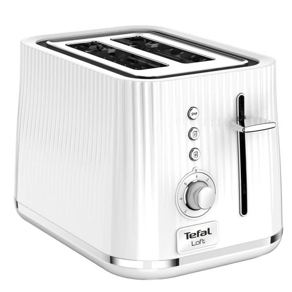 Prăjitor de p&acirc;ine Tefal Loft TT761138, 850W, 7 niveluri de rumenire, 3 funcții dedicate, iluminare LED, tavă firmituri, alb