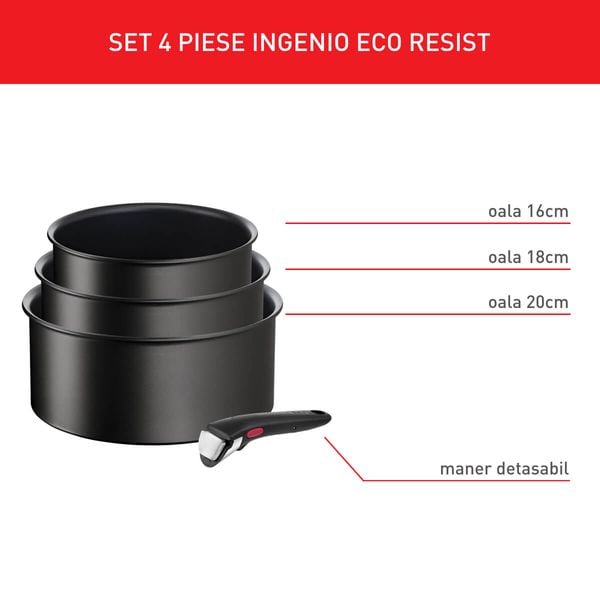 Set de 4 piese Tefal Ingenio Eco Resist L3979202, cratiță de 16/18/20 cm, m&acirc;ner detașabil, indicator Thermo-Signal, compatibil cu inducția, &icirc;nveliș antiaderent, negru