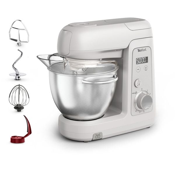 Robot de bucatarie Tefal Bake Partner+ QB540BF0, 1100 W, 4.6 L, 8 trepte de viteza, cantar incorporat, functie Pulse, functie Smart Bake Detect, tel, carlig pentru aluaturi grele, inox, gri