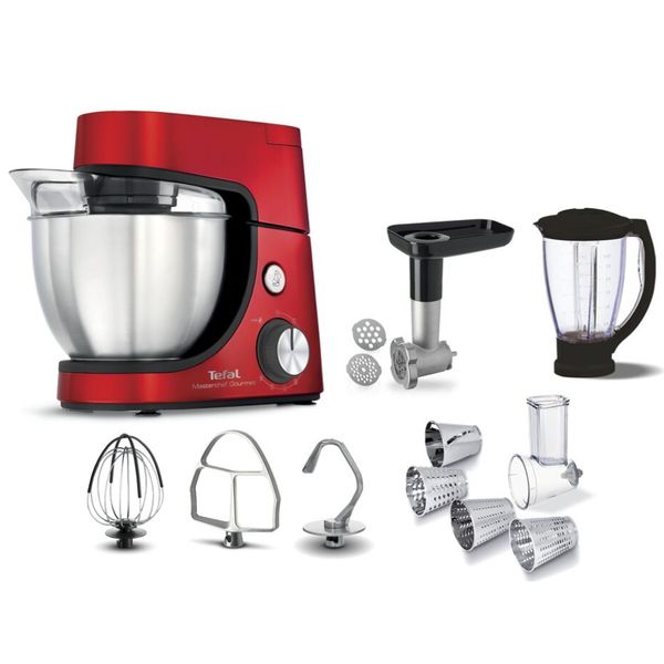 Robot de bucătărie TEFAL MasterChef Gourmet QB516G38, vas 4.6l, blender 1.5l, 1100W, 8 trepte viteză, roșu-argintiu