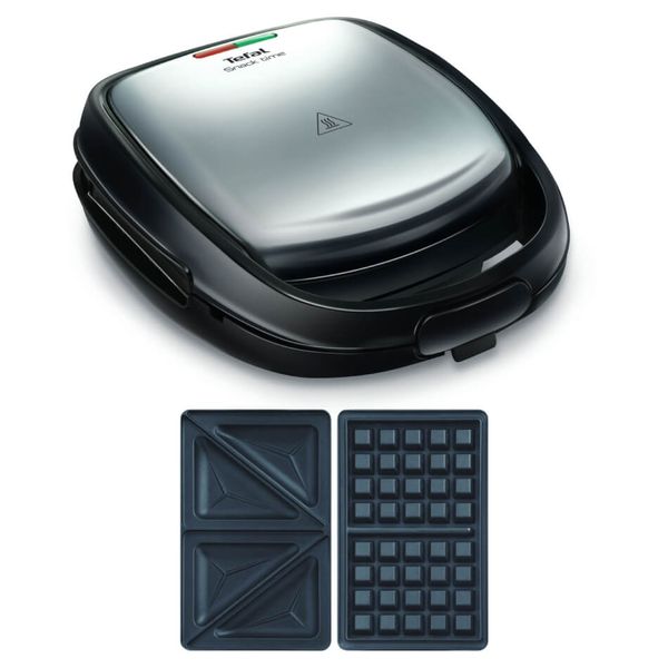 Sandwich maker Tefal Snack Time 2 &icirc;n 1 SW341D12, 700W, 2 seturi de plăci detașabile antiaderente, m&acirc;ner izolat termic, argintiu & negru