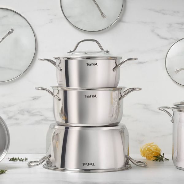 Set 10 piese Tefal Intuition B864SA74, cratiță cu m&acirc;ner de 16 cm, cratițe și oale cu m&acirc;nere 18/20/22/24 cm, oțel inoxidabil, inducție, 5 capace de sticlă