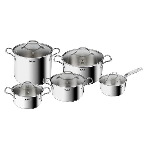 Set 10 piese Tefal Intuition B864SA74, cratiță cu m&acirc;ner de 16 cm, cratițe și oale cu m&acirc;nere 18/20/22/24 cm, oțel inoxidabil, inducție, 5 capace de sticlă