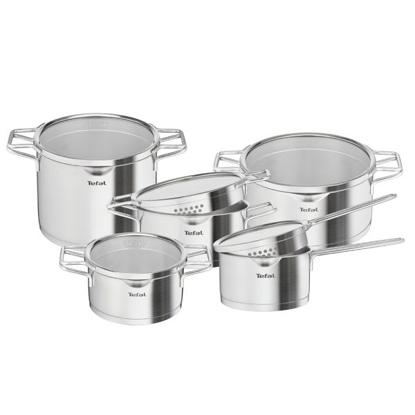 Set 10 piese Tefal Nordica H852SA56, craticioara 16 cm, oale 18/20/24 cm, oala pentru paste 22 cm, capace din sticla cu strecurare, inox, baza Thermo-Fusion™, gradatii interioare, compatibil inductie, argintiu