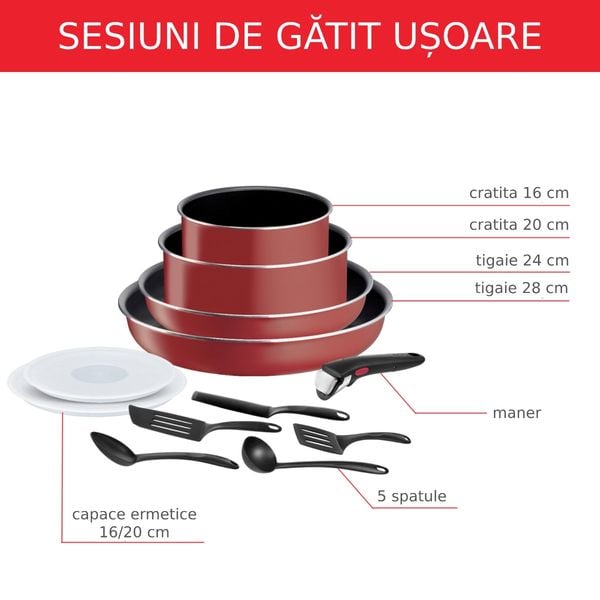 Set de 12 piese Tefal Ingenio Easy Cook & Clean L1529302, cratițe 16/20 cm, tigăi 24/28 cm, maner detașabil, 5 spatule, capace ermetice 16/20 cm, înveliș antiaderent Titanium, indicator temperatură Thermo-Signal, rosu Set de 12 piese Tefal Ingenio Easy Cook & Clean L1529302, cratițe 16/20 cm, tigăi 24/28 cm, maner detașabil, 5 spatule, capace ermetice 16/20 cm, înveliș antiaderent Titanium, indicator temperatură Thermo-Signal, rosu