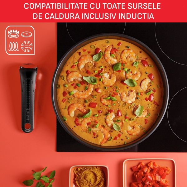 Set 13 piese Tefal Ingenio Emotion L897SD74, oala 16 / 20 cm, tigaie 22 / 24 / 28 cm, wok 26 cm, 2 manere detasabile, capace sticla 16 / 20 / 24 cm, capace ermetice 16 / 20 cm, invelis antiaderent, inductie, argintiu