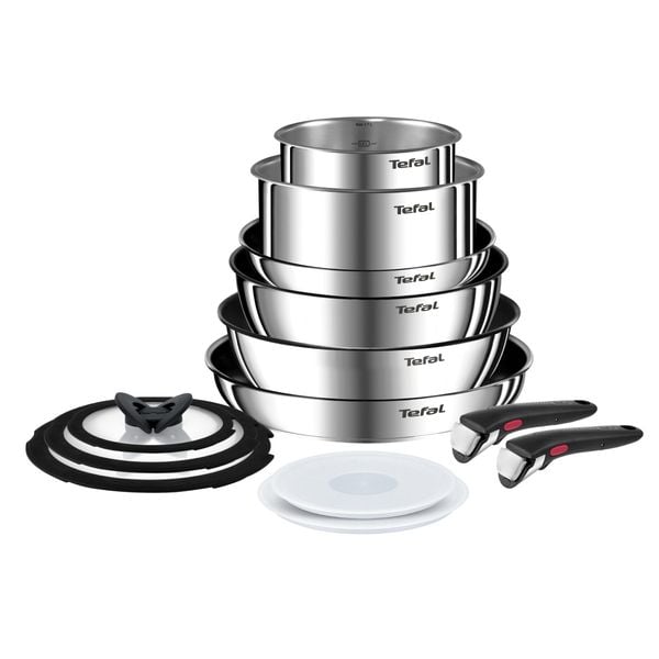 Set 13 piese Tefal Ingenio Emotion L897SD74, oala 16 / 20 cm, tigaie 22 / 24 / 28 cm, wok 26 cm, 2 manere detasabile, capace sticla 16 / 20 / 24 cm, capace ermetice 16 / 20 cm, invelis antiaderent, inductie, argintiu