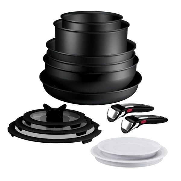 Set 13 piese Tefal Ingenio Excellence+ P0009753, tigaie de 24/28 cm, wok 26 cm, tigaie saute 24 cm, cratita 16/20 cm, capac ermetic 16/20 cm, capac sticla 16/20/24 cm, 2 manere detasabile, tehnologie FUSIONCORE, Thermo-Signal&trade;, aluminiu. inductie, negru