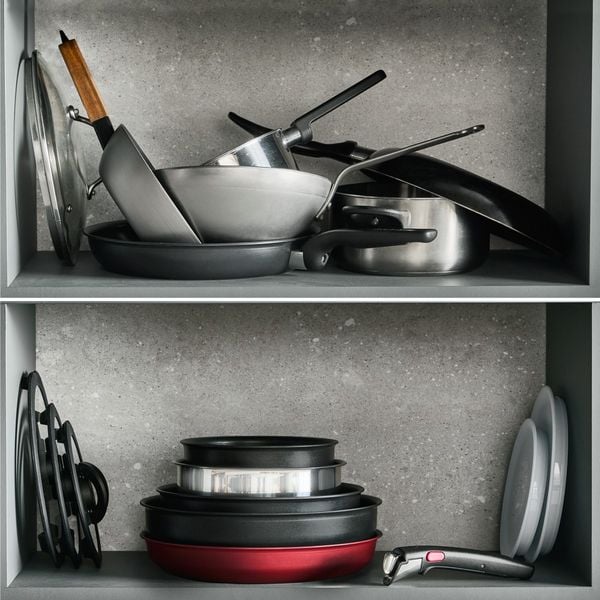 Set 13 piese Tefal Ingenio Excellence+ P0009753, tigaie de 24/28 cm, wok 26 cm, tigaie saute 24 cm, cratita 16/20 cm, capac ermetic 16/20 cm, capac sticla 16/20/24 cm, 2 manere detasabile, tehnologie FUSIONCORE, Thermo-Signal&trade;, aluminiu. inductie, negru