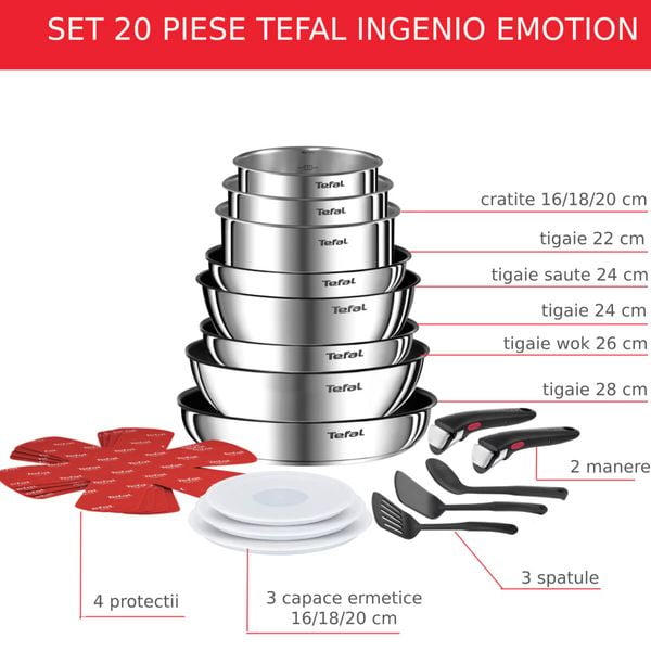 Set de 20 piese Ingenio Emotion L897SK04, m&acirc;ner detașabil, &icirc;nveliș antiaderent 100% sigur, Thermo-Signal&trade;, bază Diffusion+, m&acirc;ner detașabil, inox premium