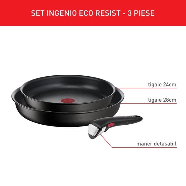 Set de 3 piese Tefal Ingenio Eco Resist L3979102, tigaie de 24/28&nbsp;cm, m&acirc;ner detașabil, &icirc;nveliș antiaderent Titanium Anti-Scratch, indicator Thermo-Signal&trade;, compatibil cu inducția