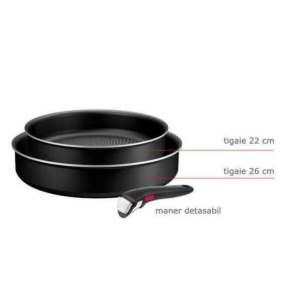 Set de 3 piese Tefal Ingenio Generous Cook L3129053, tigaie de 22/26 cm, m&acirc;ner detașabil, indicator Thermo Signal, &icirc;nveliș antiaderent Titanium