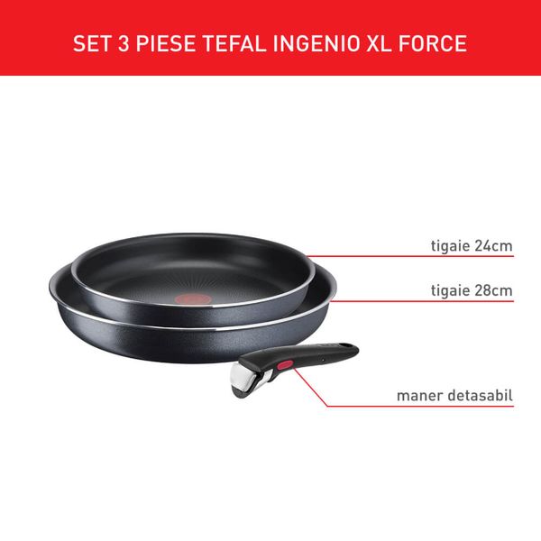Set de 3 piese Ingenio XL Force L1589132, tigaie 24/28 cm, m&acirc;ner detașabil, &icirc;nveliș antiaderent, Thermo-Signal
