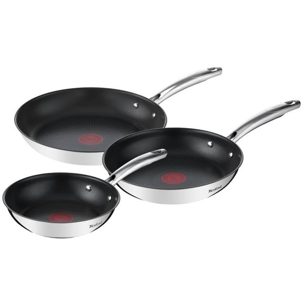  Set de tigăi cu 3 piese Tefal Duetto G732S334 de 20/24/28 cm, inducție, &icirc;nveliș antiaderent, exterior inox