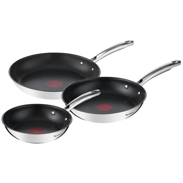 Set de tigai cu 3 piese Tefal Duetto G732S335 de 20/24/28 cm, inductie, invelis antiaderent, exterior inox, argintiu