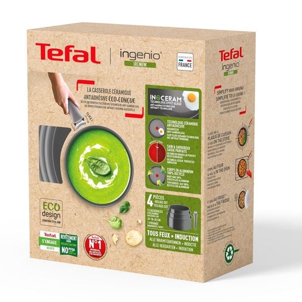 Set 4 piese Tefal Ingenio Renew L2609402, oale 16 / 18 / 20 cm, m&acirc;ner detașabil, inducție, &icirc;nveliș antiaderent ceramic, 100% aluminiu reciclat, gri