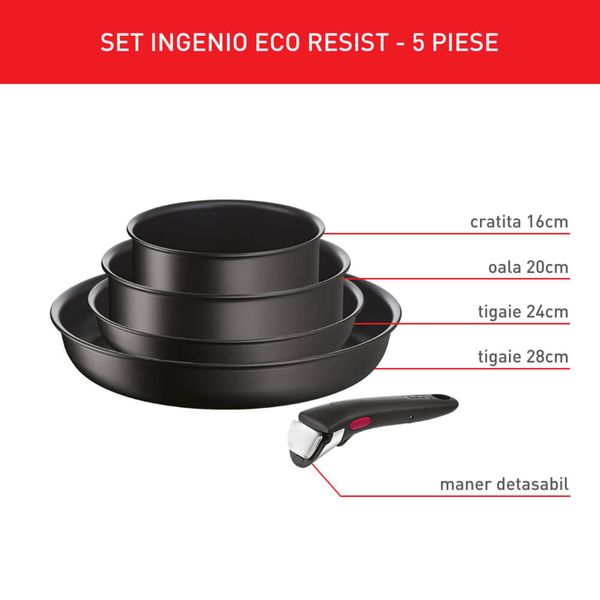 Set de 5 piese Tefal Ingenio Eco Resist L3979253, tigaie de 22/28 cm, cratiță de 16/20 cm, mâner detașabil, indicator Thermo-Signal™, înveliș antiaderent Titanium Anti-Scratch, negru Set de 5 piese Tefal Ingenio Eco Resist L3979253, tigaie de 22/28 cm, cratiță de 16/20 cm, mâner detașabil, indicator Thermo-Signal™, înveliș antiaderent Titanium Anti-Scratch, negru