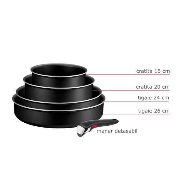 Set de 5 piese Tefal Ingenio Generous Cook L3129002, tigaie de 24/26 cm, cratiță de 16/20 cm, mâner detașabil, indicator Thermo Signal, înveliș antiaderent Titanium, compatibil cu inducția, negru