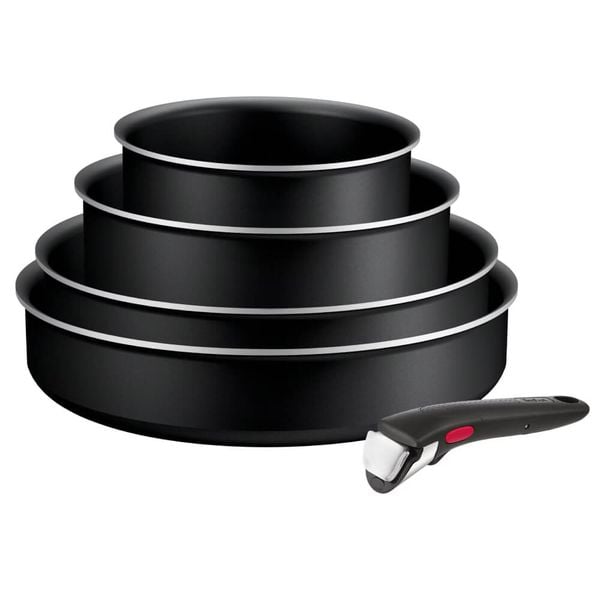 Set de 5 piese Tefal Ingenio Generous Cook L3129002, tigaie de 24/26 cm, cratiță de 16/20 cm, mâner detașabil, indicator Thermo Signal, înveliș antiaderent Titanium, compatibil cu inducția, negru