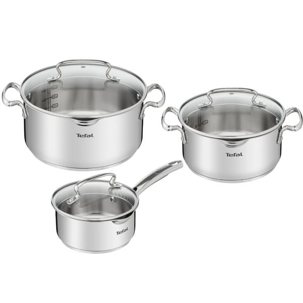Set de 6 piese Tefal Duetto+ G719S655, oale cu capac de sticla 20 / 24 cm, cratiță cu capac de sticlă 16 cm, inox, inducție, inox, m&acirc;nere nituite, margini turnare, gradații interioare, argintiu