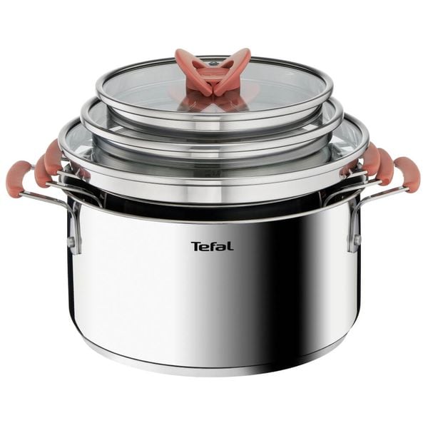 Set 6 piese Tefal Opti'Space G720S674, cratiță 18 cm, oala 20/24 cm, 3 capace de sticlă, oțel inoxidabil, m&acirc;nere anti-alunecare, inducție