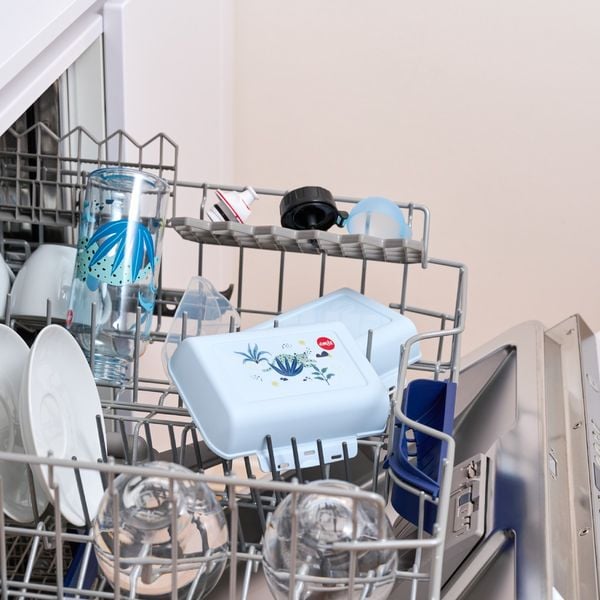 Set copii EMSA N3052300, 2 piese, sticla apa TRITAN 0.6 L + recipient pentru alimente, 100% etans, separator reglabil si detasabil, compatibil masina de spalat vase, albastru