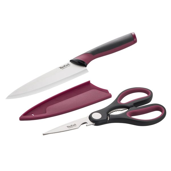 Set cutit si foarfeca Tefal Comfort K250S225, lame din inox, lama 15 cm, manere ergonomice Soft Touch, protectii pentru lame, negru & visiniu