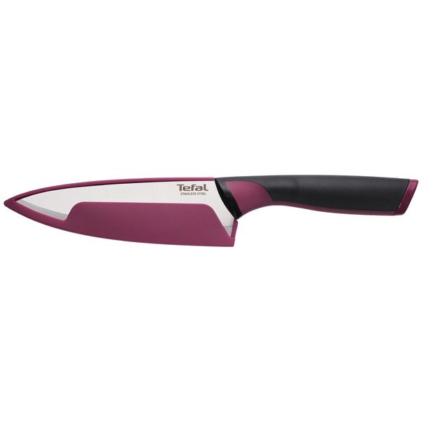 Set cutit si foarfeca Tefal Comfort K250S225, lame din inox, lama 15 cm, manere ergonomice Soft Touch, protectii pentru lame, negru & visiniu