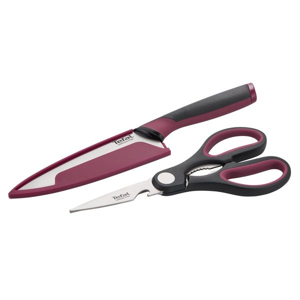 Set cutit si foarfeca Tefal Comfort K250S225, lame din inox, lama 15 cm, manere ergonomice Soft Touch, protectii pentru lame, negru & visiniu