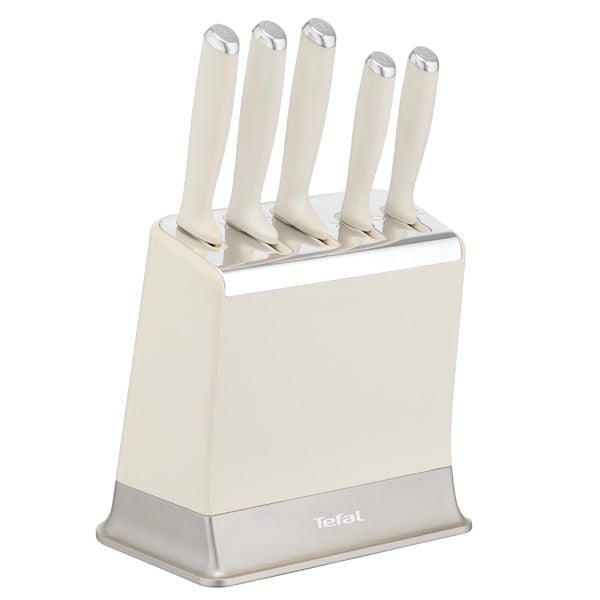 Set cutite Tefal EverSharp K2979644, 5 piese, cutitul bucatarului 20 cm, cutit pentru paine 20 cm, cutit Santoku 16.5 cm, cutit universal 12 cm, cutit pentru curatat 9 cm, suport cu sistem integrat de ascutire, crem