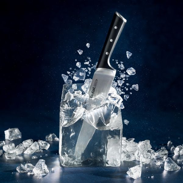Set de 10 cutite & suport Tefal Ice Force K232SA14, inox german, tehnologie Ice Hardening -120°C, lame ultra-ascutite, suport din lemn, negru & argintiu
