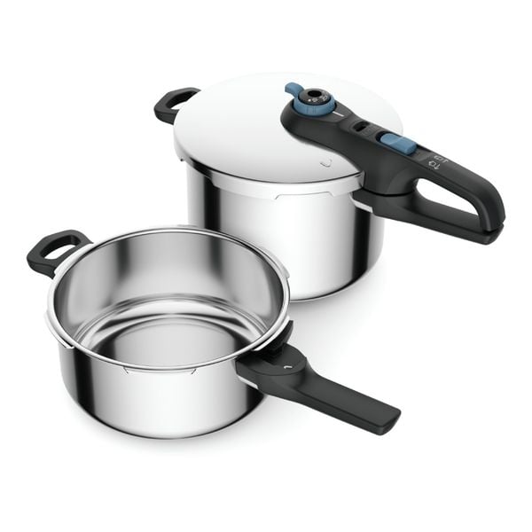 Set de 2 oale sub presiune Tefal Secure Trendy P2584301, 4 / 6 L, sistem siguranta in 5 puncte, 2 programe de gatire, compatibil cu inductia, argintiu