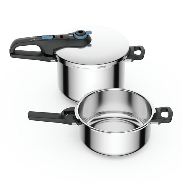 Set de 2 oale sub presiune Tefal Secure Trendy P2584301, 4 / 6 L, sistem siguranta in 5 puncte, 2 programe de gatire, compatibil cu inductia, argintiu