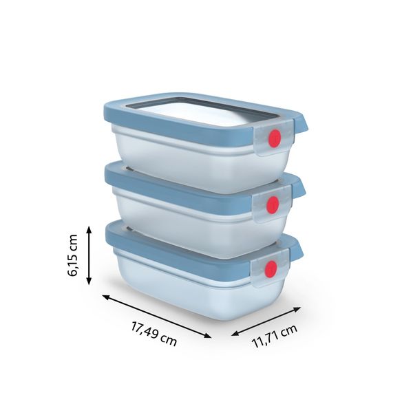 Set de 3 caserole Tefal ONEClick N1230510, 0.3 L, plastic, &icirc;nchidere 100% etanşă, albastru