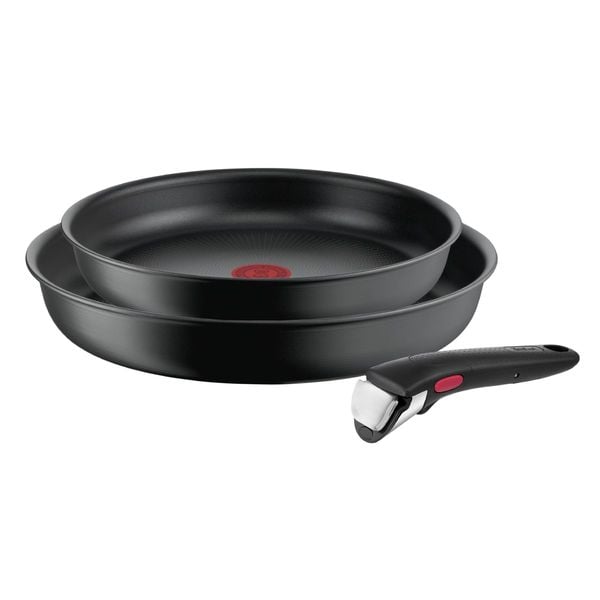 Set de 3 piese Tefal Ingenio Ultimate L7649343, tigaie 22/26 cm, maner detasabil, invelis antiaderent Titanium, indicator Thermo-Signal&trade;, baza Thermo-Fusion&trade;+, inductie, negru