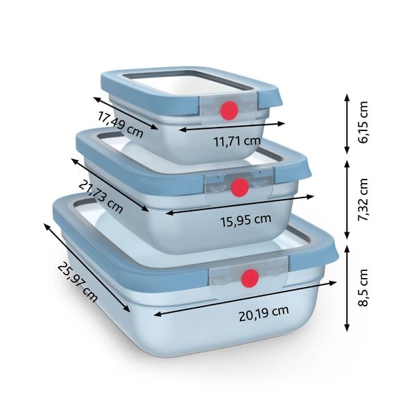 Set de 5 caserole Tefal ONEClick N1230210, 0.5 / 1.2 / 2.3 L, plastic, &icirc;nchidere 100% etanşă, albastru