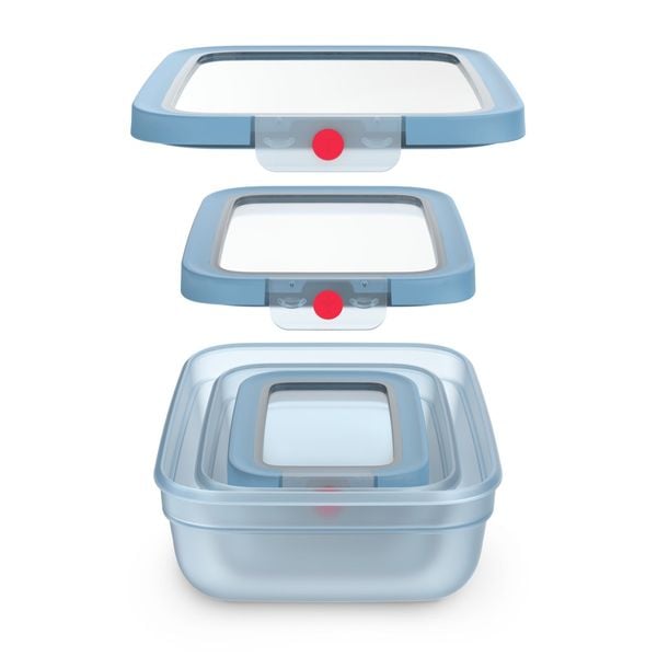 Set de 5 caserole Tefal ONEClick N1230210, 0.5 / 1.2 / 2.3 L, plastic, &icirc;nchidere 100% etanşă, albastru