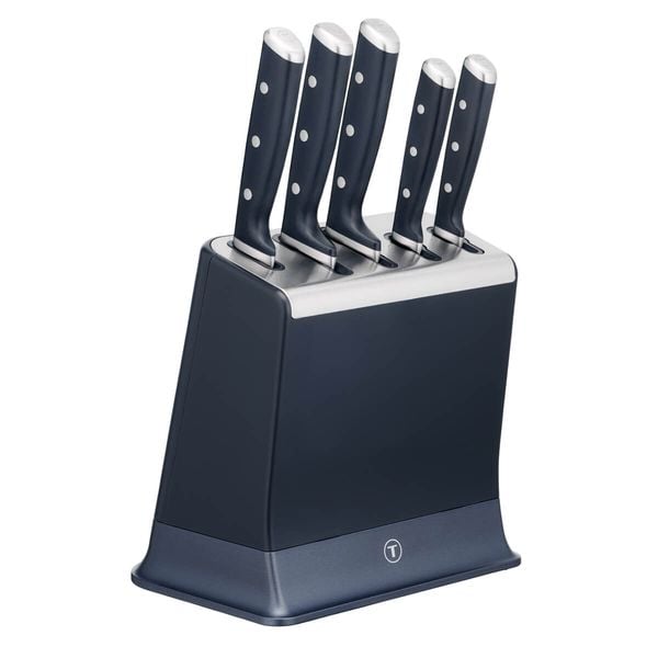 Set de 5 cuțite & suport Tefal EverSharp Pro K297S644, inox german, m&acirc;ner ergonomic, sistem de ascuțire integrat, negru & argintiu