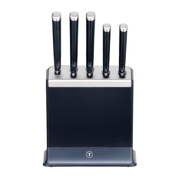 Set de 5 cuțite & suport Tefal EverSharp Pro K297S644, inox german, m&acirc;ner ergonomic, sistem de ascuțire integrat, negru & argintiu