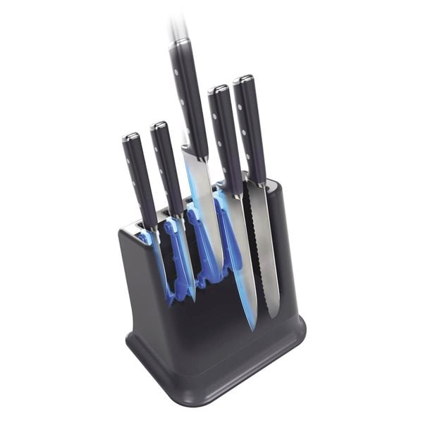 Set de 5 cuțite & suport Tefal EverSharp Pro K297S644, inox german, m&acirc;ner ergonomic, sistem de ascuțire integrat, negru & argintiu