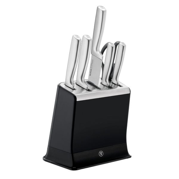 Set de 6 piese & suport Tefal Eversharp Pro K2977S44, inox german, m&acirc;ner ergonomic, sistem de ascuțire integrat, negru & argintiu