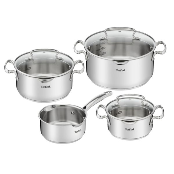 Set de 7 piese Tefal Duetto+ G719S735, oale cu capac de sticlă 16 / 20 / 24 cm, cratiță 16 cm, inducție, inox, m&acirc;nere nituite, margini turnare, gradații interioare, argintiu