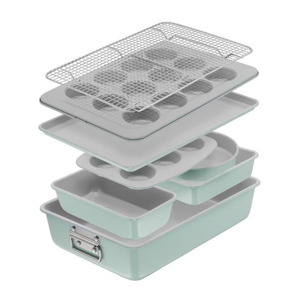 Set pentru copt Tefal Ceramik J175S804, 8 piese, invelis ceramic antiaderent, design stivuibil, verde